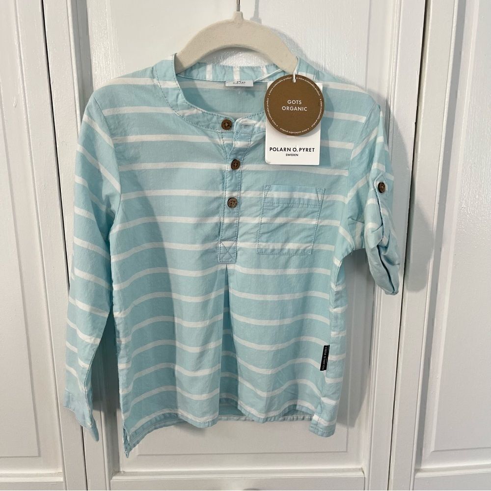NWT Polarn O. Pyret Sweden Organic Cotton 3 Button Popover with Rolled Sleeves